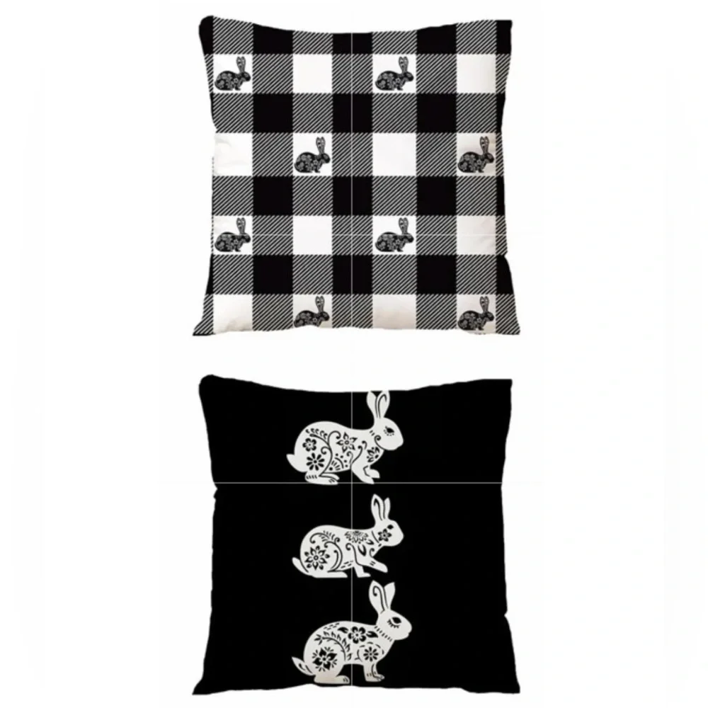 Seasonal Pillow Covers Easter Bunnies Zip Closure 17.7 In Black White Set of 2